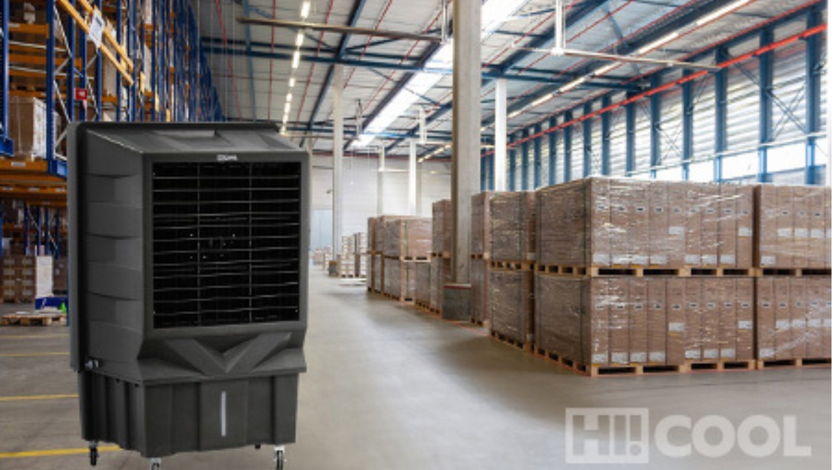 Equipo climatización evaporativa portátil HICOOL Evaporalia nave industrial