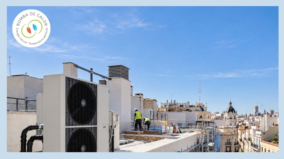 Unidad exterior de bomba de calor aerotérmica instalada en un edificio rehabilitado
