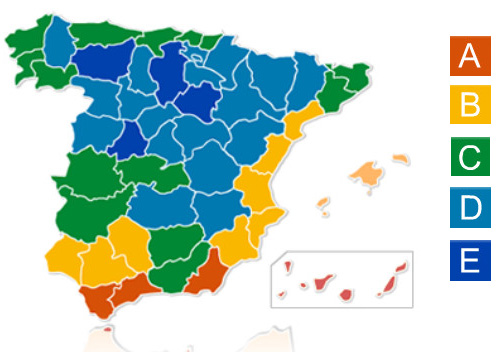 Mapa de zonas climáticas en España